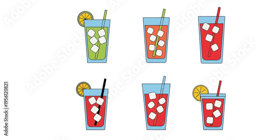 Colorful cocktail drinks with ice cubes and lemon slices, refreshing summer beverages.