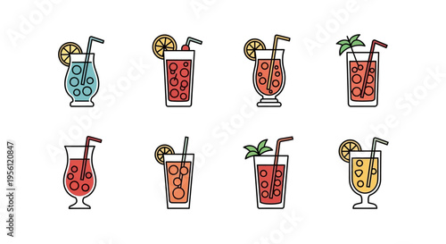 Colorful cocktail drinks with lemon slices and straws in various glass shapes.