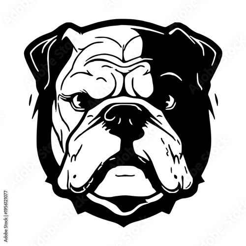 A black and white illustration of a bulldog's face
