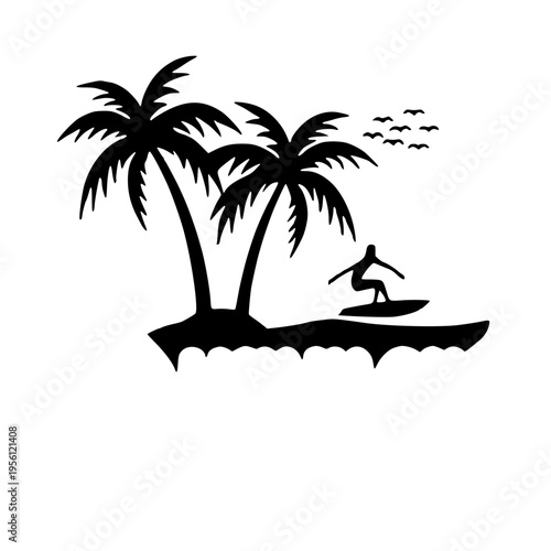 A surfer rides a wave near two palm trees