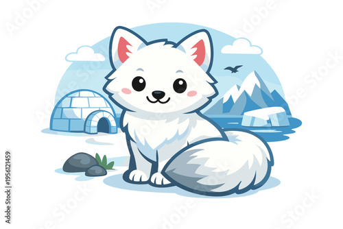 Cute cartoon arctic fox illustration sitting in a snowy winter landscape with an igloo and icy mountains in the background, a sweet animal character