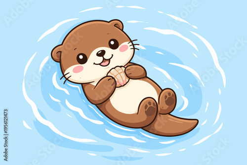 Charming cartoon otter gracefully floating on its back in shimmering blue water, happily clutching a delicate seashell, radiating playful tranquility and aquatic joy