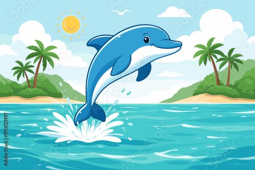 Playful Dolphin Leaping from Ocean Waves with Tropical Island and Palm Trees in Background