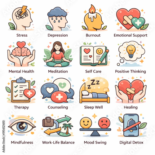 Comprehensive Mental Health Awareness Icon Set Featuring Stress Depression Burnout Therapy Meditation Self Care and Digital Detox in Modern Flat Cartoon Style
