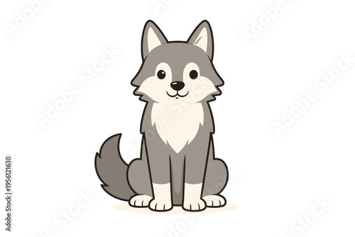 Cute cartoon gray wolf pup illustration sitting with a friendly expression. Charming vector graphic capturing the spirit of wild nature and adorable young animals
