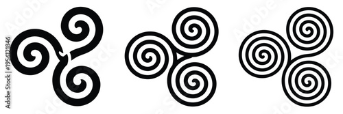Black triskelion spirals illustration, Celtic rotational symbol