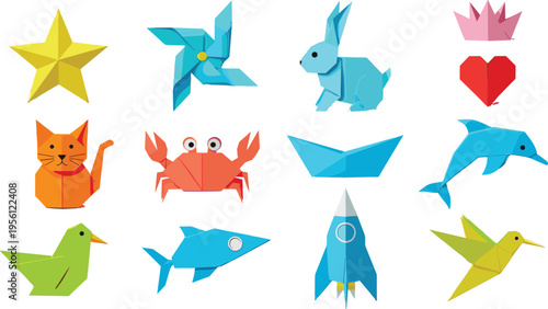 Colorful origami animals and shapes set, paper folding art collection including rabbit bird fish boat and rocket vector illustration