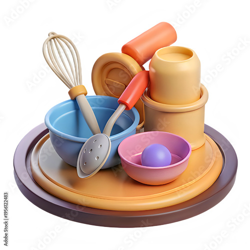 A collection of colorful plastic kitchen toy utensils and bowls arranged on a round serving tray isolated on transparent background