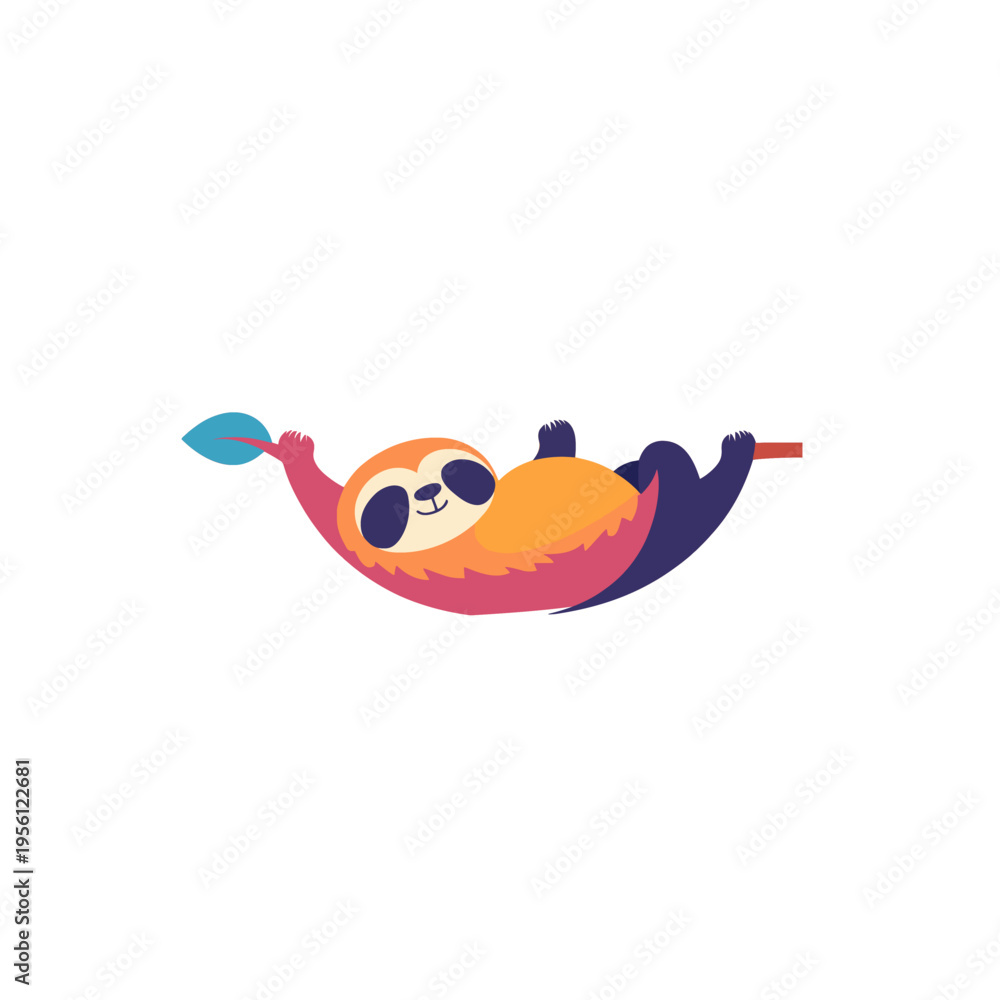 Fototapeta premium Cute cartoon sloth hanging from branch with leaf, smiling and relaxed Concept of slow living, nature, and tranquility Vector illustration for childrens books and educational materials