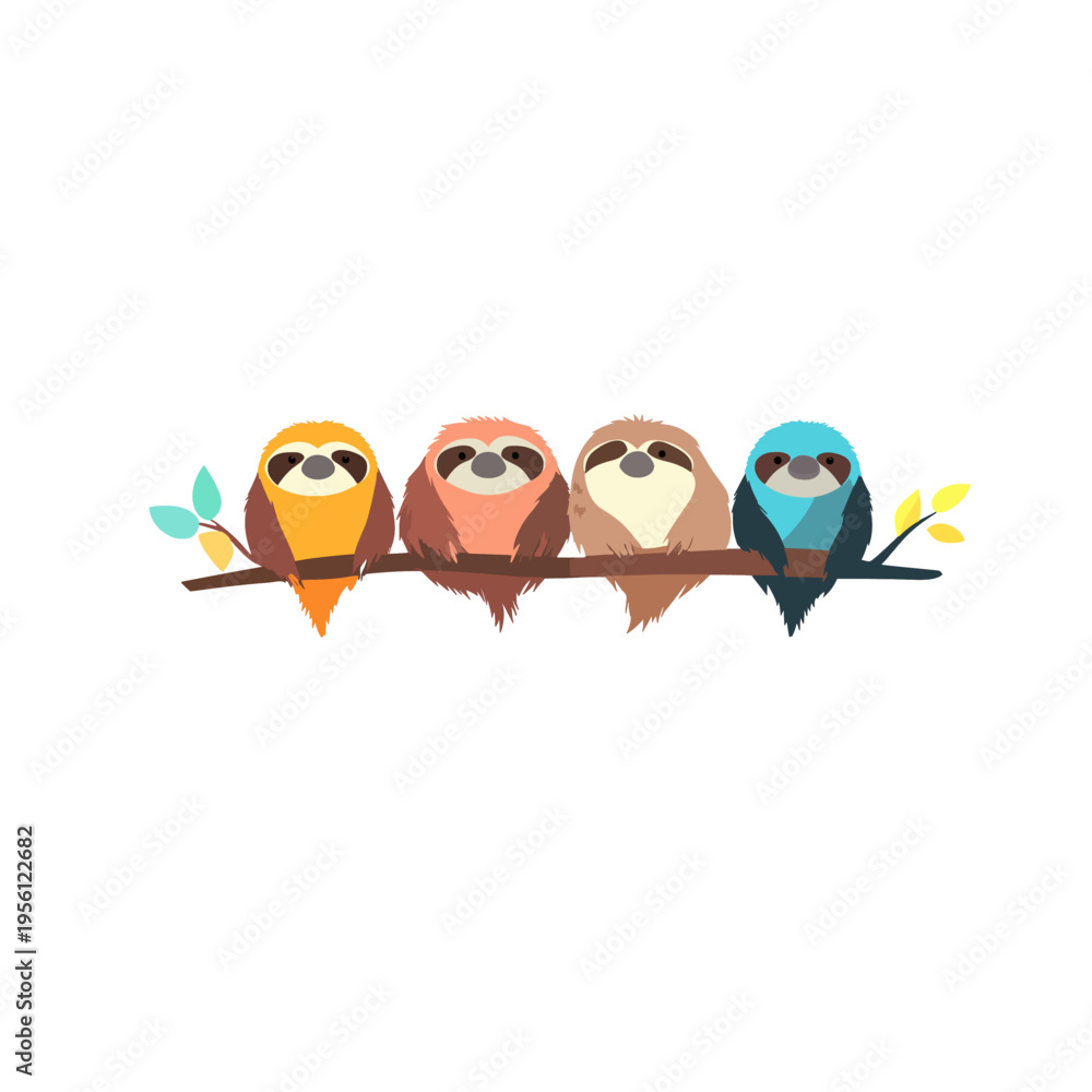 Fototapeta premium Four cute cartoon sloths sitting on a tree branch, colorful, friendly, and adorable animal characters, concept of friendship and nature
