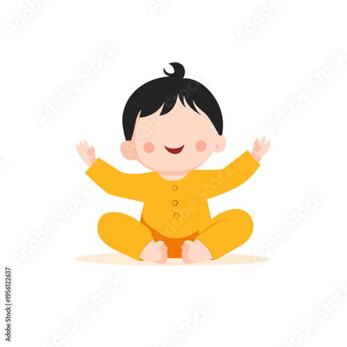 Cute baby boy sitting with arms raised in yellow outfit, smiling joyfully Concept of childhood, happiness, innocence, and early development
