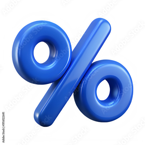 A glossy blue three dimensional percent sign symbol representing financial savings and data growth isolated on transparent background