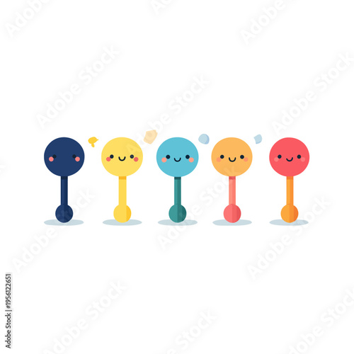 Five colorful cartoon baby rattles with happy faces in a row, representing childhood, joy, and playful innocence Concept of baby toys, early development, and fun