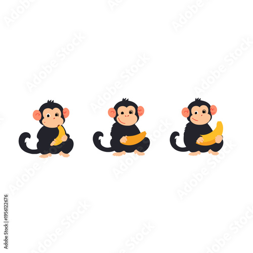 Three cartoon monkeys holding bananas, cute animal characters with fruit, playful and happy concept for childrens content, isolated on white background