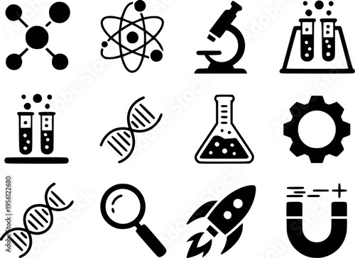 Collection of black science and technology including D N A molecule atom microscope and rocket
