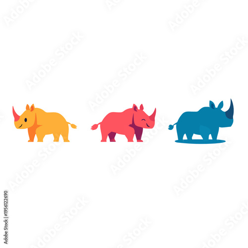 Three cartoon rhinos in different colors, yellow, pink, and blue, standing sidebyside with happy expressions Concept of diversity, friendship, and individuality in a simple, flat design