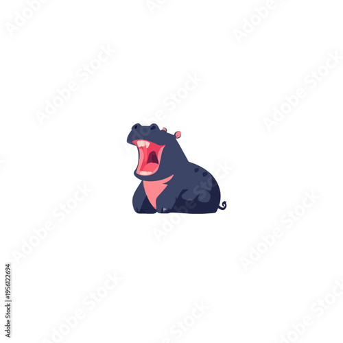 Cartoon hippo yawning wide open mouth, showing teeth and pink interior, isolated on white background Concept of sleepiness, fatigue, or surprise