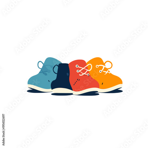 Colorful childrens shoes lined up in a row, representing different sizes and styles for kids Concept of footwear, fashion, and childhood adventures