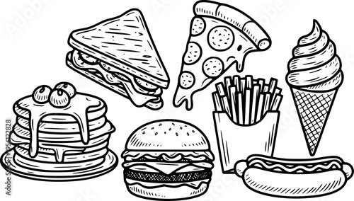 Hand drawn black and white of assorted fast food and breakfast treats fastfood foodart