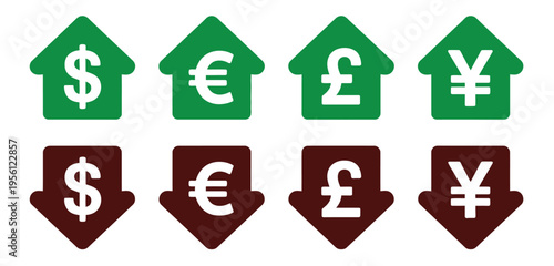 Currency signs with green up and red down arrows, financial icon