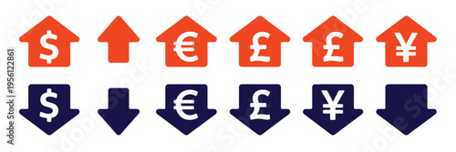 Currency value arrows icon, financial growth and decline symbol