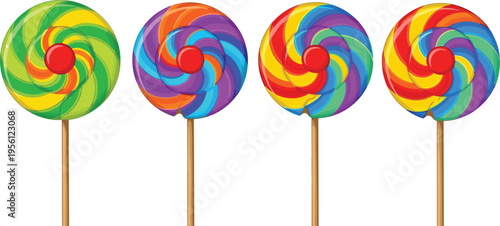 Colorful swirl lollipops set on sticks, sweet candy collection with rainbow patterns isolated vector illustration design