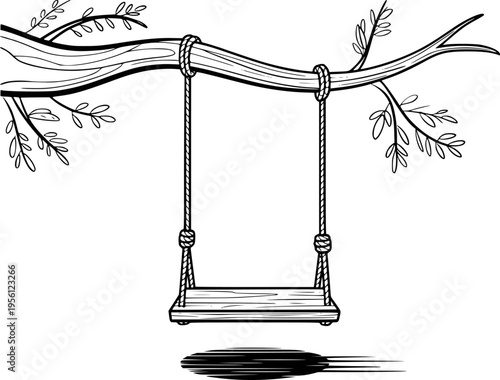 Hand drawn wooden swing hanging from a tree branch with leaves and a shadow rope