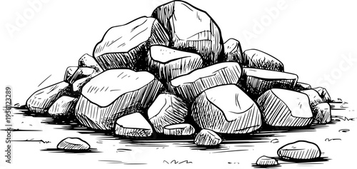 Hand Drawn Pile of Rough Rocks and Pebbles White Background stones