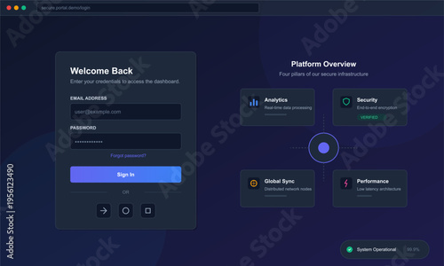 Dark Themed Login Portal and Platform Overview Dashboard