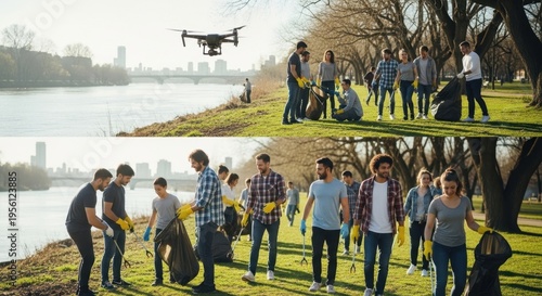 Volunteers cleaning up riverbank with drone capturing aerial view of environmental conservation efforts.