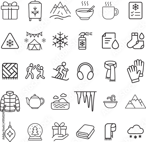 A comprehensive collection of thirty thin line icons related to winter and cold weather activities