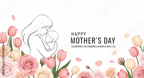 Mother's day illustration with mother and child surrounded by pink roses and tulips flowers