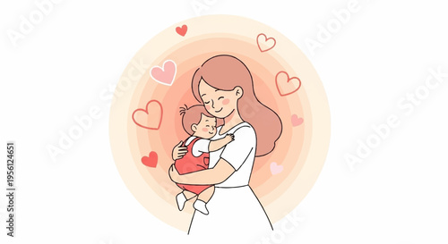 Mother tenderly holding and kissing baby with hearts around love and care concept