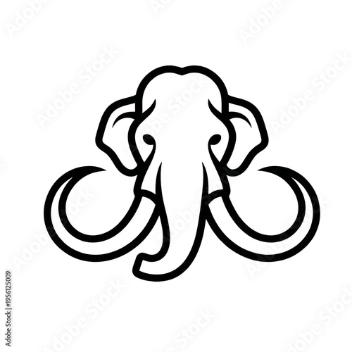 Simple Mammoth Head Logo Focusing on Large Curved Tusks, Bold Outline, Vector Graphic Illustration