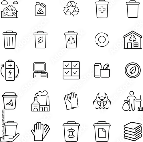 A collection of twenty-five linear vector icons representing waste management and recycling concepts