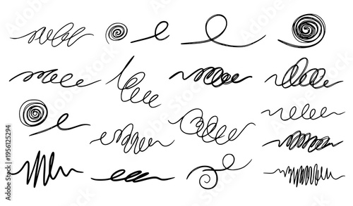 Black Scribble Stroke Elements Vector Set Hand Drawn Curly Line Decorations