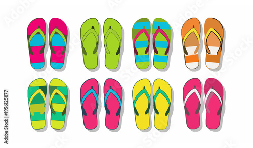 Colorful Summer Flip Flop Shoes Vector Set Flat Top View Slippers Illustration
