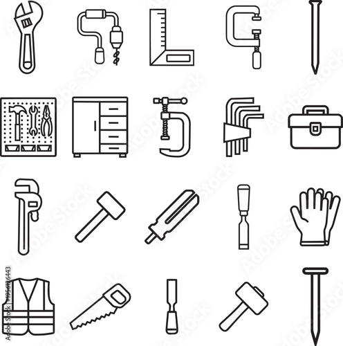A collection of twenty black and white line art icons depicting various common construction tools