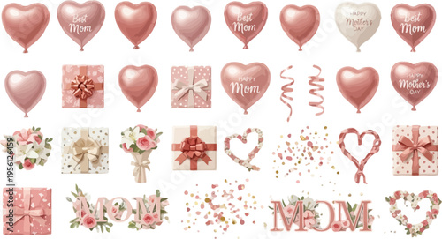 Collection of mother's day decorative elements and gift ideas in pastel colors