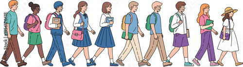 Group of students walking together with backpacks and books, diverse school children characters isolated vector illustration