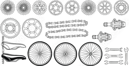 Comprehensive collection of bicycle parts vector icons including cassette gears chainrings chains pedals saddles wheels and wrenches for bike repair services