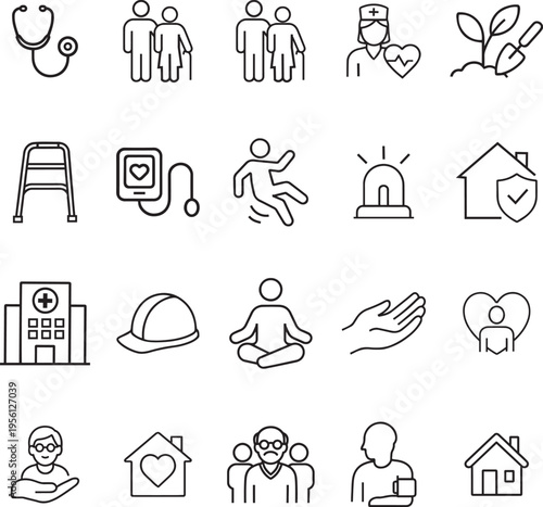A collection of twenty simple black and white line icons representing senior care and health services