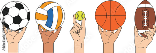 Hands holding different sports balls set including soccer volleyball tennis basketball and american football isolated vector illustration