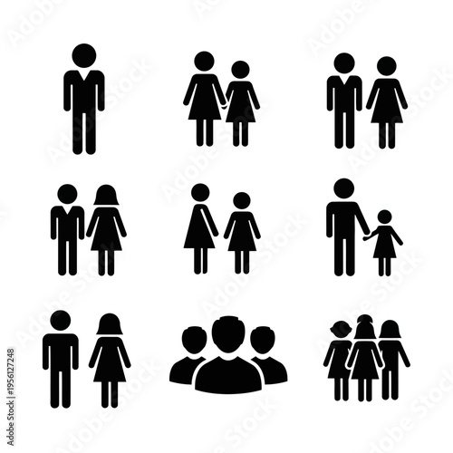 A set of black silhouette icons depicting various human relationships and groups