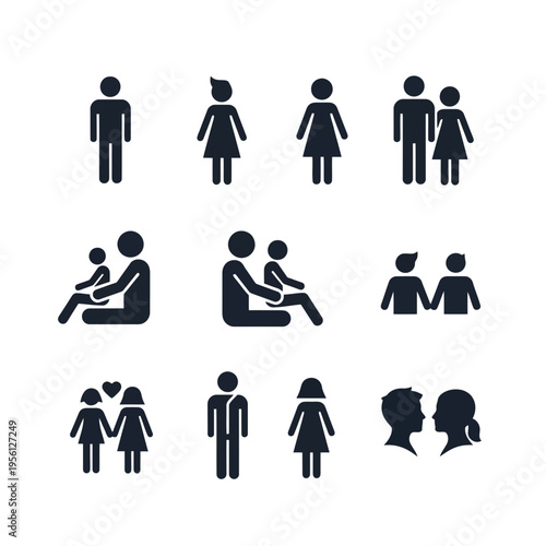 A set of black silhouette human relationship icons