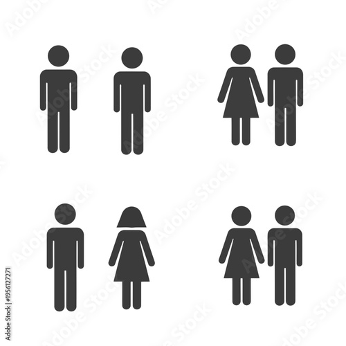 A set of simple human icons representing different gender and relationship combinations
