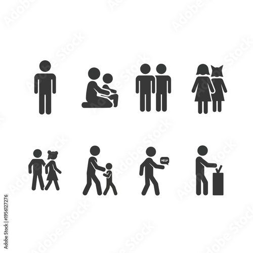 A set of stick figure people icons depicting various social interactions and relationships in a simple graphic style
