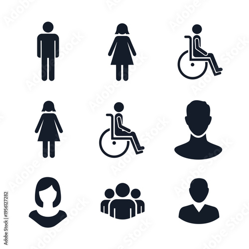 Collection of various human icons in black silhouette