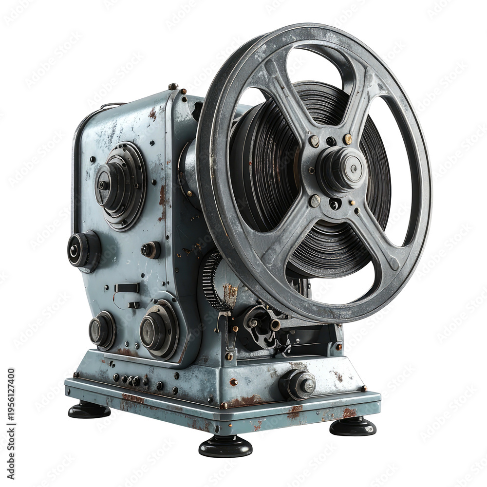 Fototapeta premium Antique film projector with large reel, weathered, against a black background