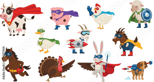 Superhero Farm Animal Vector Set Featuring Cow Chicken Sheep Duck Goat Horse Rabbit Dog Cartoon Characters with Capes for Kids Fantasy Design Flat Illustration Collection